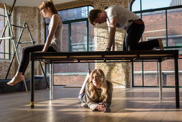 In rehearsal, alongside Nicola Kavanagh & Jennifer English for Abyss (2015), at the Arcola Theatre, London. © Richard Davenport Photography.