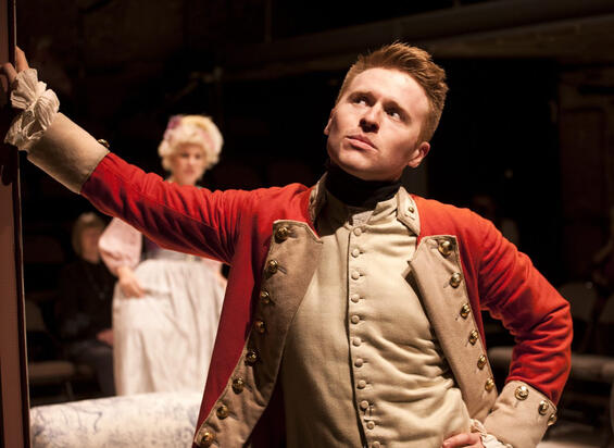 Playing opposite Jenny Rainsford, as Jack Absolute in The Rivals (2014) at the Arcola Theatre, London. © Simon Annand Photography